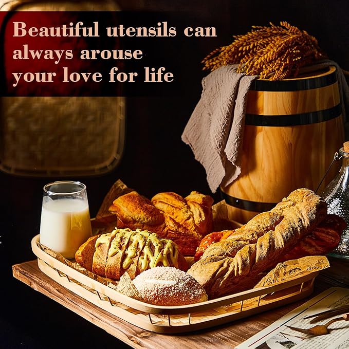12 Pcs Bamboo Wicker Serving Trays 16.93 x 13 x 1.57 Inch Hand Woven Lap Trays for Eating Rectangular Flat Basket Tray Decorative Bedroom Bed Tray for Eating Dinner Fruit Snack Holder