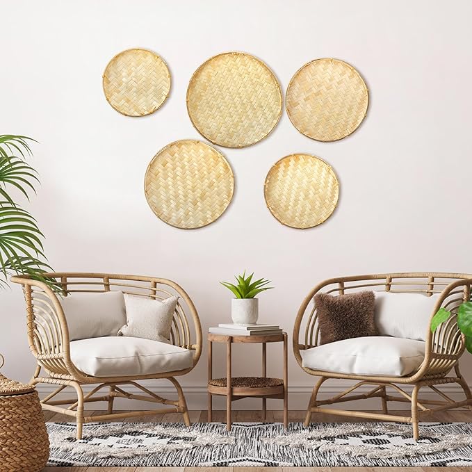 Goaste 5 Pack Round Bamboo Serving Trays, Decorative Flat Wicker Baskets, Handwoven Shallow Wicker Organizers for Food Storage, Fruit, Snacks, Kids DIY Drawing, Wall Hanging Decoration