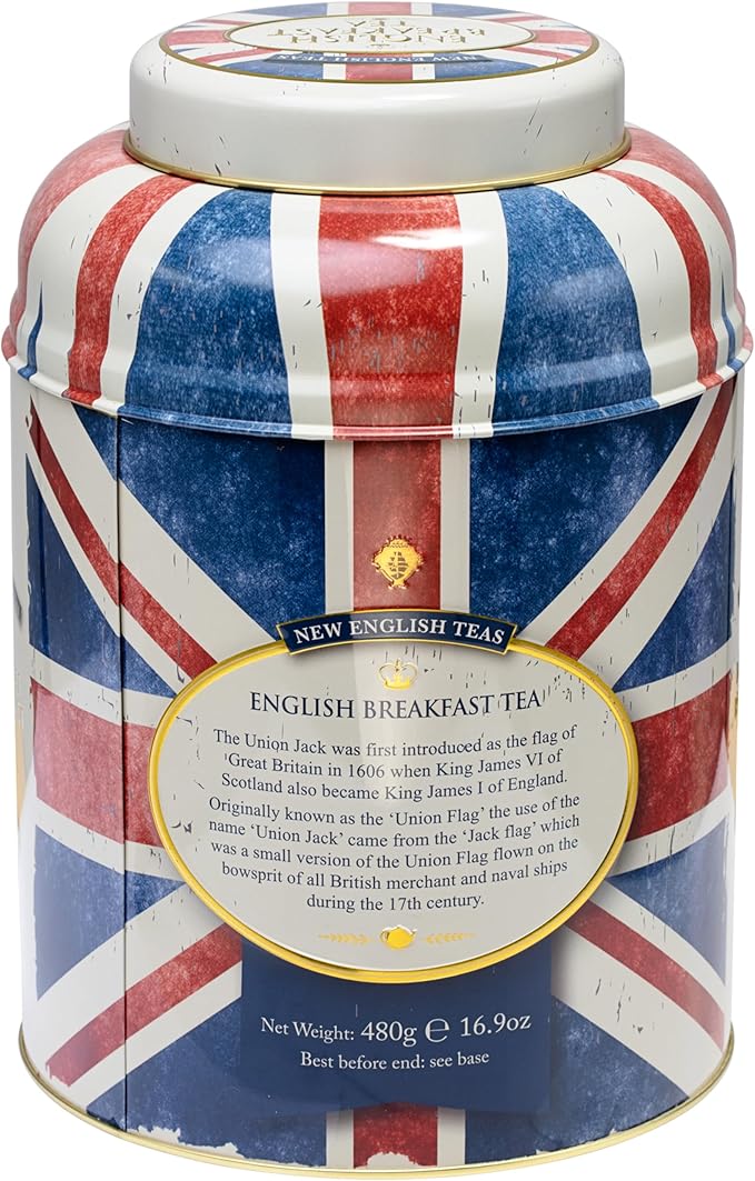 New English Teas Union Jack Large Round Tea Caddy with 240 English Breakfast Teabags