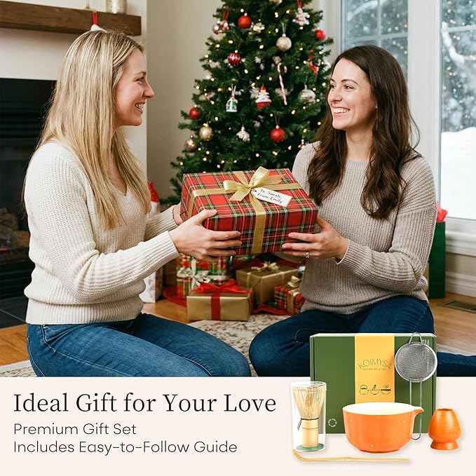 Matcha Whisk Set Includes Matcha Bowl with Spout, Bamboo Whisk (Chasen), Whisk Holder, Sifter, Scoop, 5PCS Matcha Starter Kit for Matcha Lovers, Matcha Set with Gold Foil Decoration, Orange