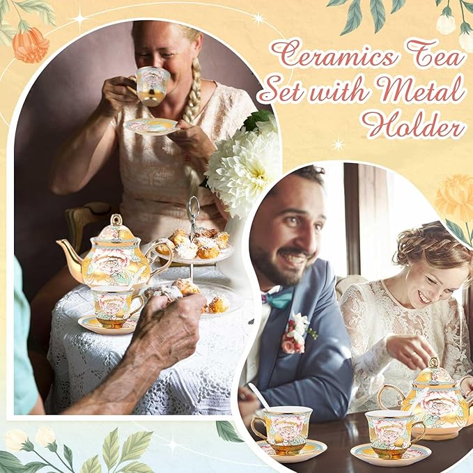 Zhehao 20 Pcs Porcelain Tea Set with Metal Holder and Spoon Adult Ceramic Tea Set European Flower Painting Teapot Cup Saucer Spoon for Women, Large Version(Classic Style)