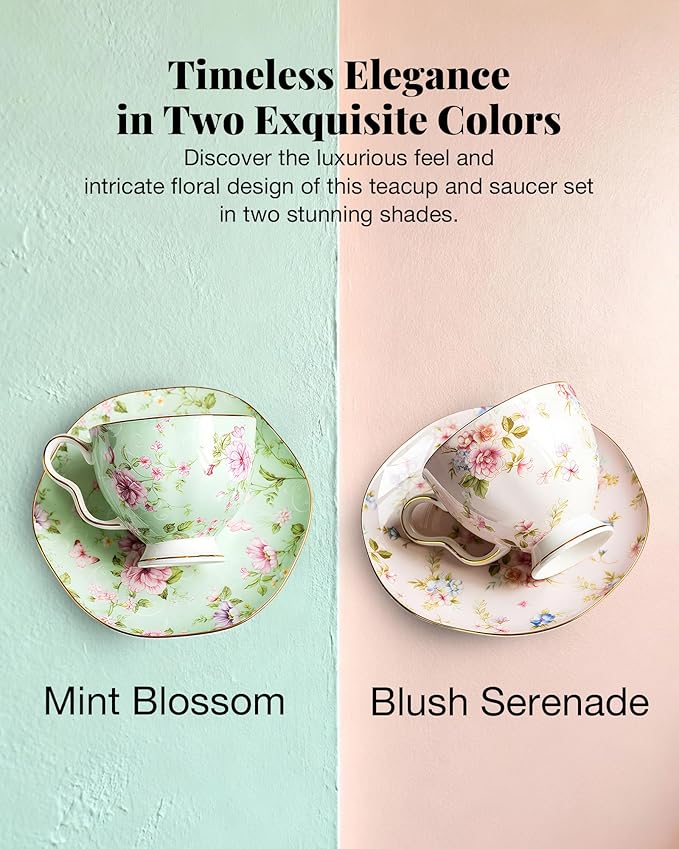 Exquisite Bone China Tea Cups and Saucer Set – Elegant Porcelain Tea Cups, Beautifully Detailed for Tea Lovers, Gift-Ready for Christmas, Hostess, Holiday Gift & Fall Decor