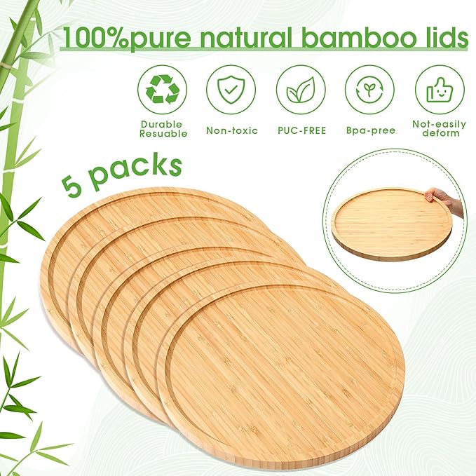 Meanplan Bamboo Tray - 5 Pcs Wood Plates, Round Charcuterie Board & Serving Platter with Rim for Kitchen, Fruit, Bread, Salad, Coffee Table, Home, Hotel, Restaurant (8 Inch)