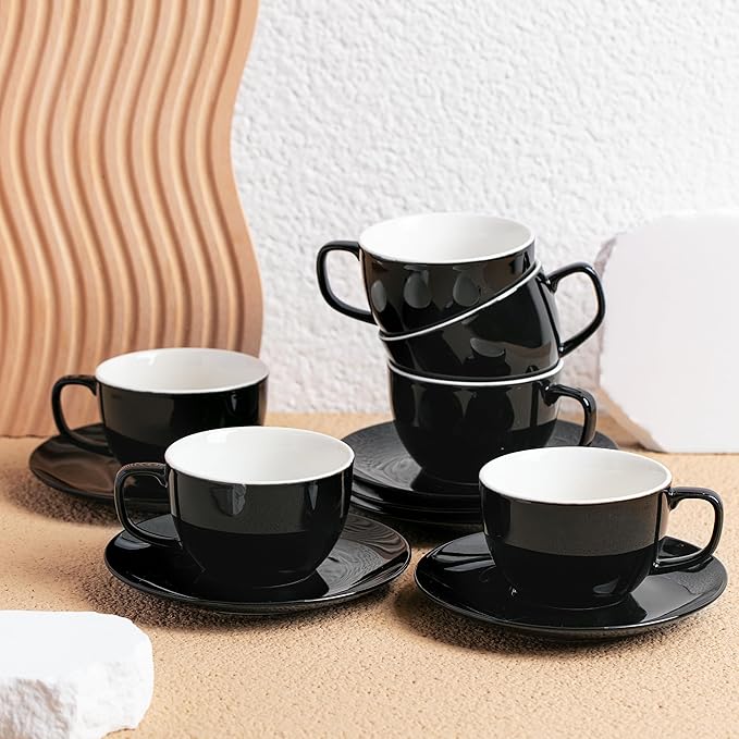 BTaT- Cappuccino Cups with Saucers 6 oz, Set of 6, Black Porcelain Coffee Cup and Saucer Set for Latte, Mocha, Tea, Au Lait, Flat White, Dishwasher, Microwave, Freezer and Oven Safe