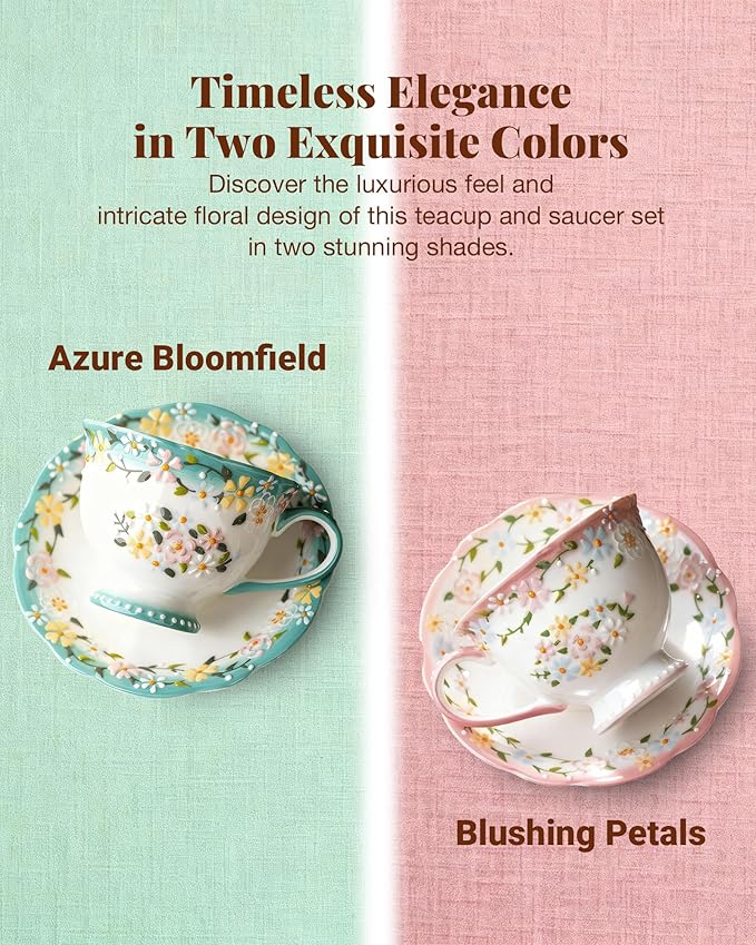Exquisite Bone China Tea Cups and Saucer Set – Elegant Porcelain Tea Cups, Beautifully Detailed for Tea Lovers, Gift-Ready for Christmas, Hostess, Holiday Gift & Fall Decor