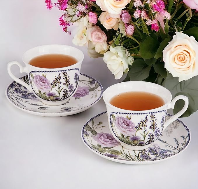 STP GOODS Bone China Tea/Coffee Cup and Saucer in Gift Box Fine Bone China Coffee Cup with Saucer Tea Cup and Saucer Set of One (Lavanda)