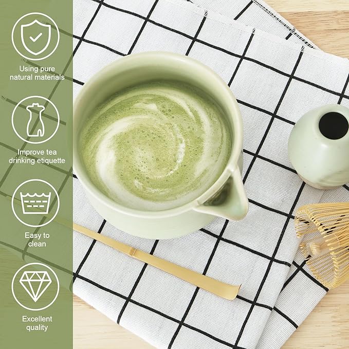 4Pcs Matcha Whisk Set, Matcha Set, Matcha Whisk and Bowl, Matcha Whisk Holder, Japanese Matcha Tea Set, Ceramic Matcha Bowl with Pouring Spout for Tea Lovers Matcha