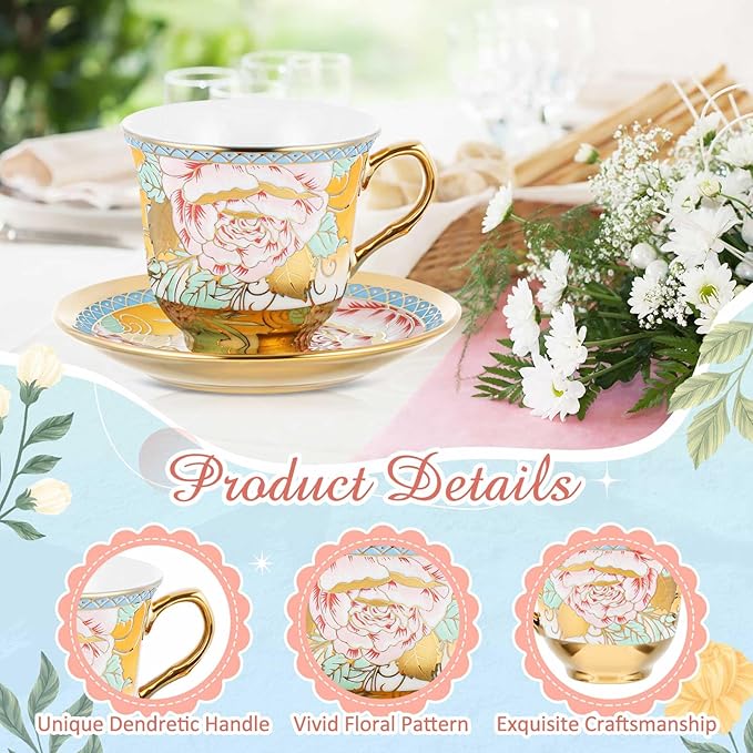Set of 12 Tea Cups and Saucers Tea Party Decorations Floral Porcelain 5.4 oz British Gift for Women Birthday Party, Church, and Mother's Day (Vibrant Style)