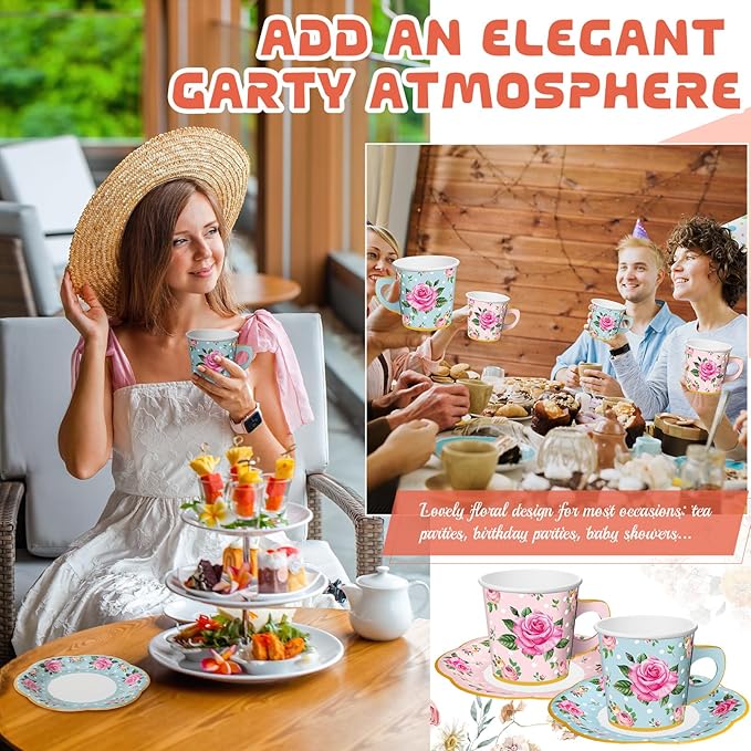 Umigy 36 Sets Tea Party Decorations 9 oz Floral Paper Tea Cups with Handle and Plates Disposable Blossom Teacups and Saucers Sets for Girls Kids Birthday Garden Wedding Party Supplies(Blue Pink)