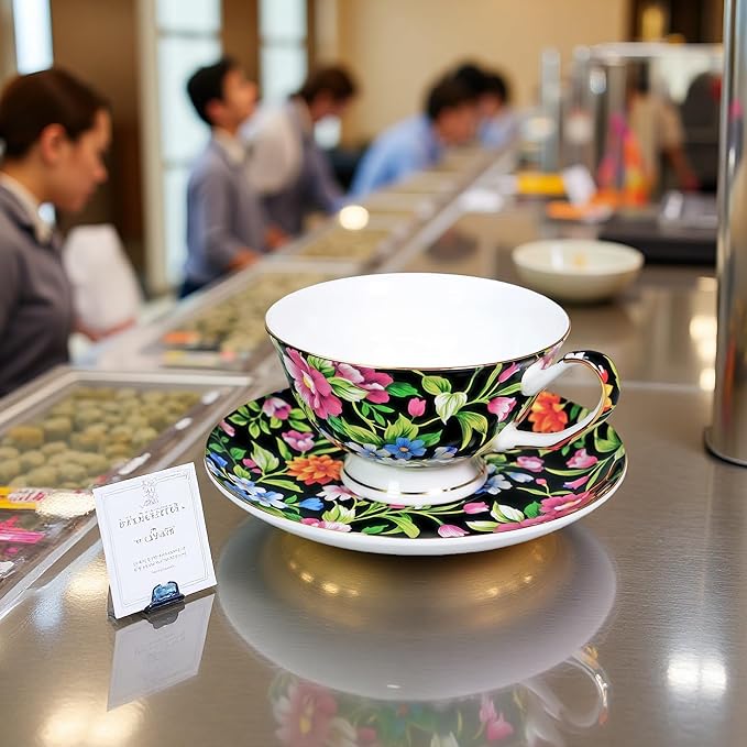 Tea cup and Saucer Set Royal Garden Style Tea Coffee Cup with Saucer 7 Ounces Bone China Teacup and saucer Set(Black)