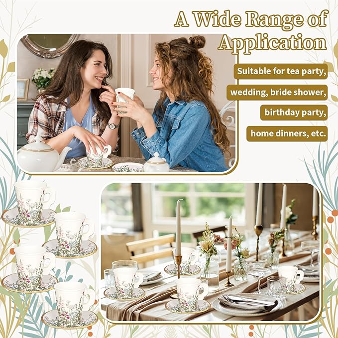 Whaline 80 Pcs Spring Floral Paper Tea Cups and Saucers 9 oz Vintage Wildflower Disposable Paper Tea Cups with Handle and Plates for Wedding Birthday Bridal Baby Shower Mother's Day Tea Party Decor
