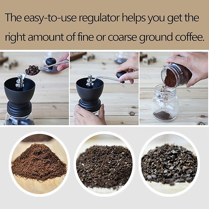 4-Piece Mini Manual Coffee Grinder Set with Conical Ceramic Burrs, Manual Adjustable Coarseness, Includes Two Glass Jars, Cleaning Brush, and Measuring Spoon