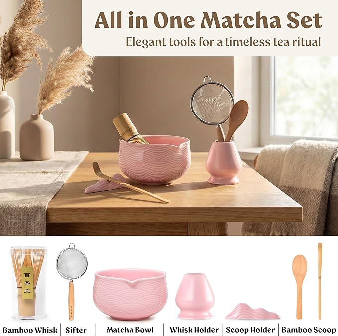 Matcha Kit Whisk Set (7 Pcs) - Complete Matcha Set, Matcha Bowl with Spout, Whisk with Holder, Bamboo Scoop with Rest and Sifter, Perfect Kit for Matcha Lovers (Sakura Pink)