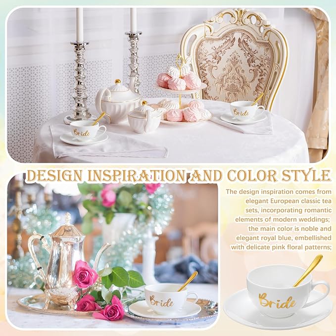 Rtteri Bride Teacup and Saucer Set 7oz Bridal Shower Teacup Porcelain Ceramic Tea Cups for Bridal Shower Tea Party Wedding Decor Victorian Elegant Coffee(Light Green,Floral)