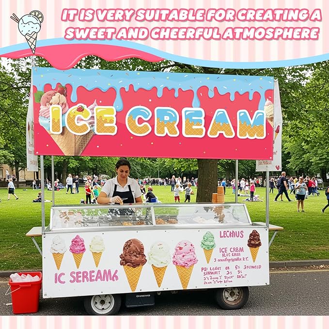 Tegeme Ice Cream Banners Sign 3 x 8 ft/ 36 x 96 Inches Ice Cream Flag Oxford Fabric Banners with 10 Holes for Business Store Outside