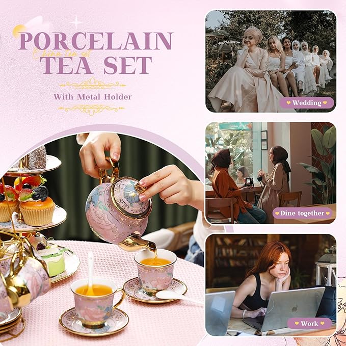 21 Pcs Ceramic Teapot Set Vintage Porcelain Tea Cups with Metal Holder and High Tier Cupcake Stand Saucers for Women Girls Farmhouse European Weddings Party Decor Gifts(Purple,Delicate)