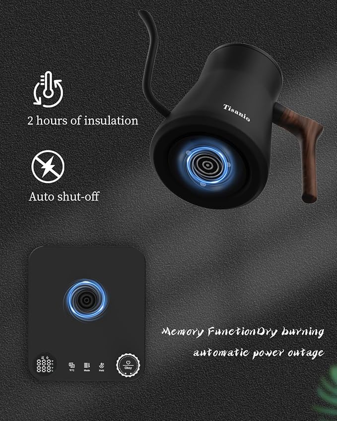 Gooseneck Electric Kettle for Pour Over Coffee, ±1°F Temperature Control, Smart Heating, 304 Stainless Steel, Fast Boil & 2-Hour Keep Warm, 0.9L,Wood Black