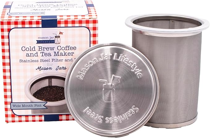 16oz Pint Cold Brew Coffee and Tea Maker Stainless Steel Filter for Mason Jars With Lid and 2 Silicone Seals (No Jar)