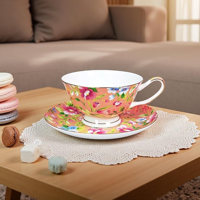 Tea cup and Saucer Set Royal Garden Style Tea Coffee Cup with Saucer 7 Ounces Bone China Teacup and saucer Set(Orange)