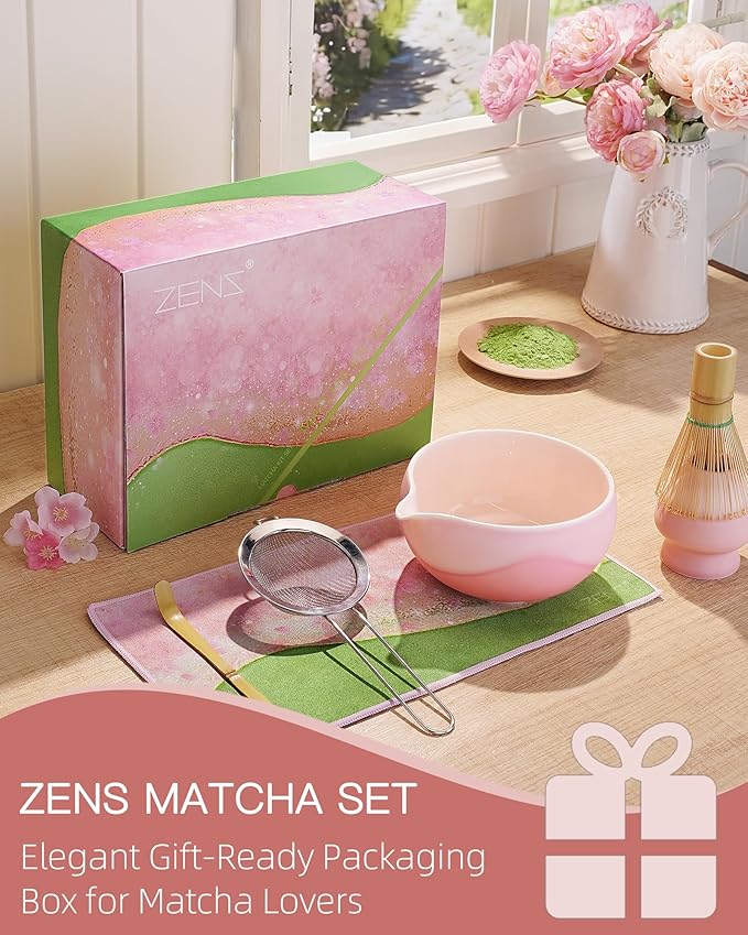 ZENS Matcha Whisk Set, Ceramic Matcha Kit Set Includes Matcha Bowl, Matcha Whisk and Holder, Bamboo Scoop & Holder, 304 Sifter and Tea Mat - 6Pcs Matcha Kit for Matcha Lovers-Pink