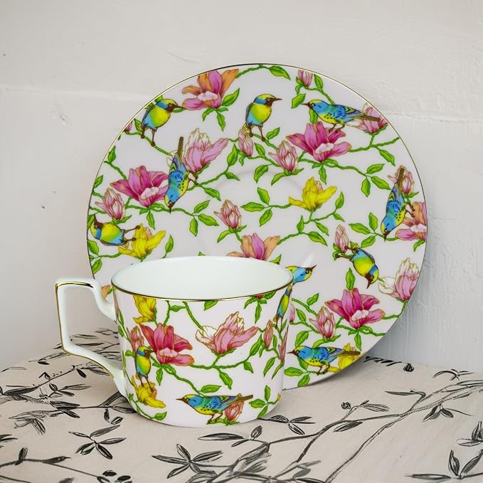 Vintage 8 Ounces Teacup and Saucers Set Floral Tea Cups Set Bone China TeaCups Coffee Tea Cup for Tea Party Women Mom (Pink)
