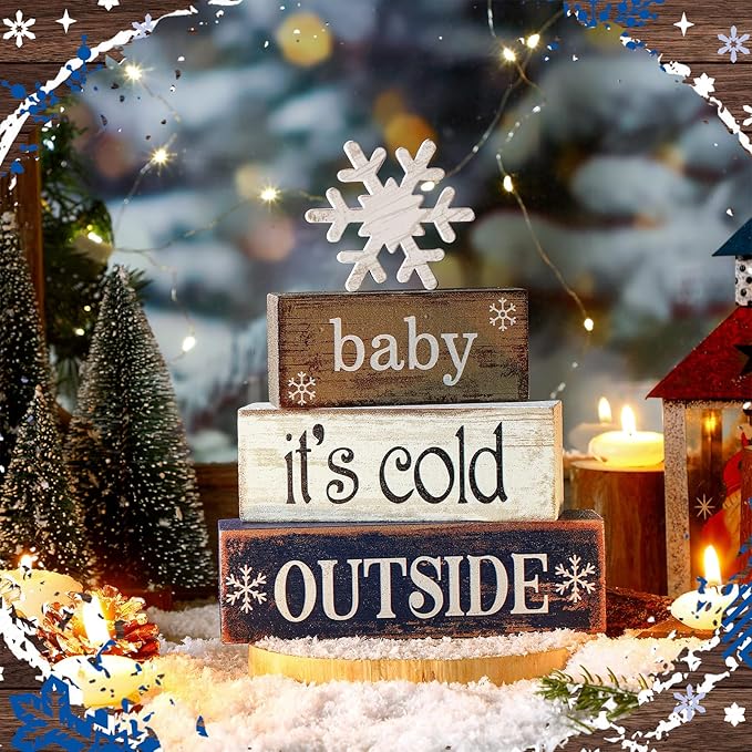 Moucuny 4 Pcs Winter Wooden Tabletop Decor Snowflake Tiered Tray Decor Winter Centerpiece Rustic Snow Block Signs Farmhouse Table Shelf Decoration for Home Office Party