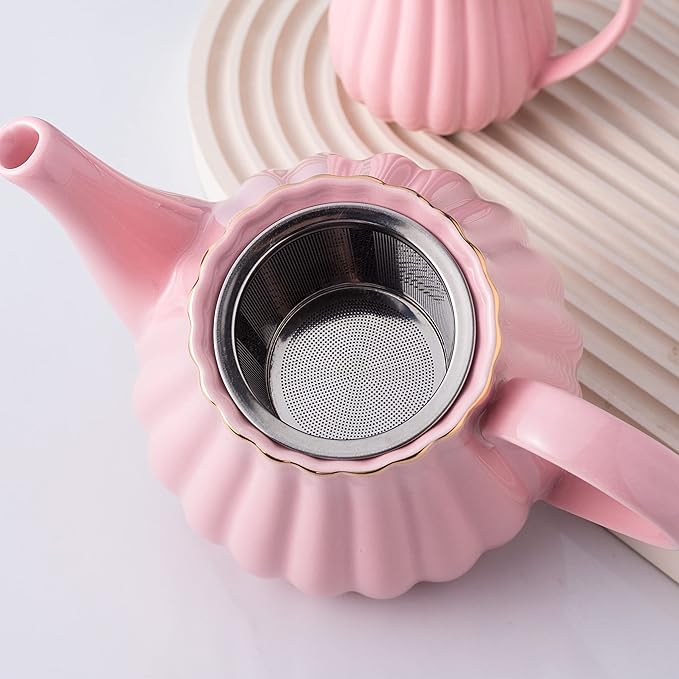 Jusalpha Fine China Pink Coffee Cup/Teacup Set, 7 OZ Cups& Saucer Service for 4, with Teapot-Sugar Bowl-Cream Pitcher Teaspoons and tea strainer for Tea/Coffee, 17-Pieces (TW Full set)
