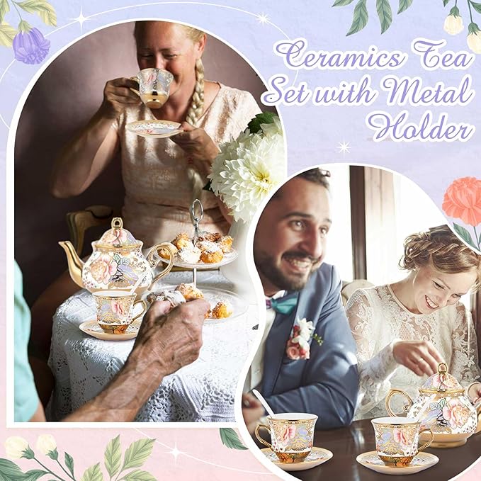 Zhehao 20 Pcs Porcelain Tea Set with Metal Holder and Spoon Adult Ceramic Tea Set European Flower Painting Teapot Cup Saucer Spoon for Women, Large Version(Rustic Style)