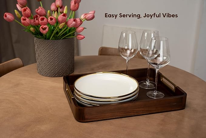 Premium 17.5 x 13 Inch Acacia Wood Serving Tray with Metal Handles – Large Ottoman Coffee Table Centerpiece for Bed, Couch & Patio – Rustic Wood Trays Home Decor for Breakfast, Drinks & Gifts