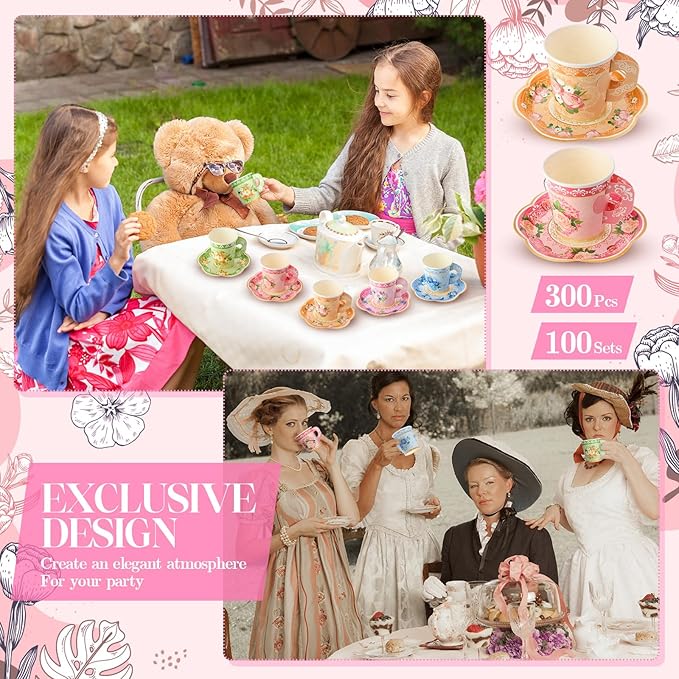 Nuogo 300 Pcs Disposable Tea Party Supplies Vintage Floral Paper Tea Cups with Handle and Plates Napkins Tea Cup and Saucer Set for Birthday Baby Shower Bridal Wedding Mother's Day, Serve 100 Guest