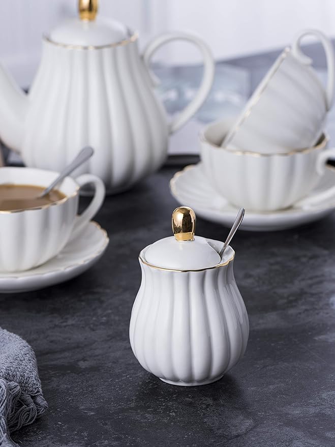Jusalpha Serve for 6- Fine China White Coffee Cup/Teacup Set, 8 OZ Cups& Saucer, with Teapot-Sugar Bowl-Cream Pitcher Teaspoons and tea strainer for Tea/Coffee (White, Serve of 6)