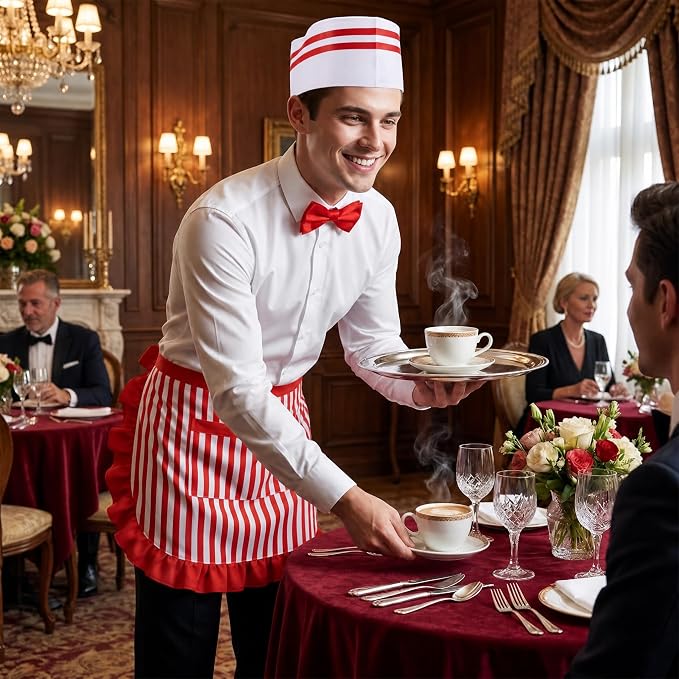 1950s Waiter Costume Kit, Soda Jerk Costume, Red and White Striped Half Apron with 2 Pockets, Chef Hat, Red Bow Ties - Image 7