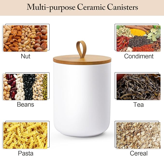3-Piece Ceramic Canisters Sets for The Kitchen, Airtight Kitchen Canisters for Countertop, Modern Coffee Storage Jars for Flour, Sugar, Pasta, Cookies, Tea(White)