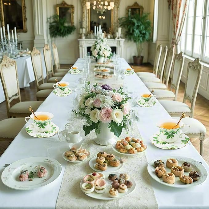 TATSUMI Country Roses 18 Peices Bone China Tea Cup And Saucer Set, English Vintage Tea Cups Of 6 For Women And Tea Party Sets(Green, 6 sets)