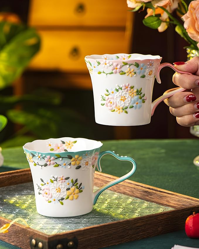 12oz Embossed Floral Ceramic Coffee Mug – Handcrafted Cottagecore Cup with Blue-Green Heart Handle and Wavy Rim, Dishwasher & Microwave Safe, Romantic Gift Mug for Her