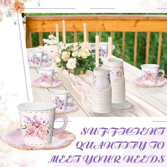 Umigy Tea Party Decorations 6.5oz Floral Paper Tea Cups with Handle and Plates Disposable Blossom Teacups and Saucers Sets with Tape for Hot Cold Drink Birthday (Elegant Style,36 Sets)