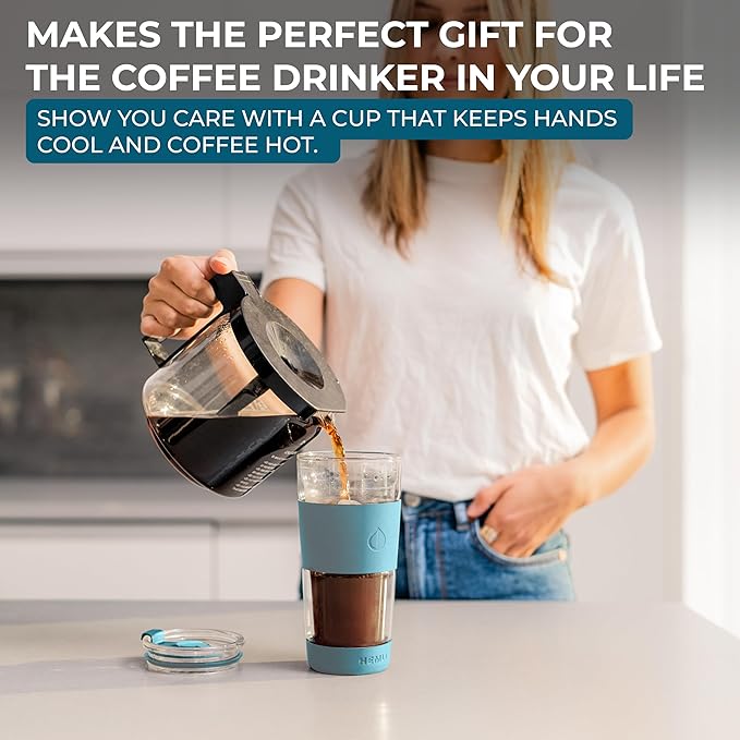 19 oz. Double Wall Glass Coffee Tumbler, To Go Travel Mug with Lid, Portable Glass Thermos with Straw, Reusable Cup, Tea, Smoothies, Ice Coffee, and Boba