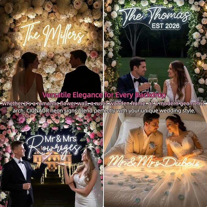 CIONAOR Custom Neon Sign - Personalized LED Name Sign for 2026 Modern Organic Wedding Backdrop, Surname Last Name Sign for Reception & Ceremony, Dimmable Light Up Sign for Marry Me Proposal, Engagement Party Decor