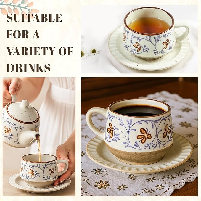 LemonRoad 1 Set Vintage Tea Cup and Saucer Set Floral Tea Cup with Saucer 10oz Porcelain Vintage Coffee Mugs for Spring Party Birthday Gift Coffee (Tang Grass Design)