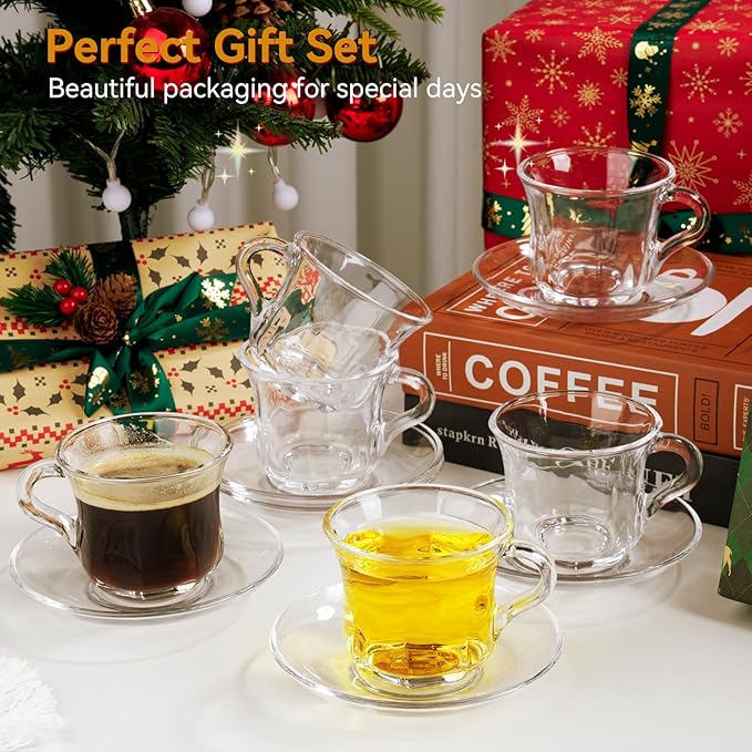 Glass Tea Cups and Saucers Set of 6, Clear Coffee Mugs with Stainless Steel Spoon, Dishwasher & Microwave Safe Teacups for Espresso Cappuccino Latte Tea Juice, 6OZ/180ML