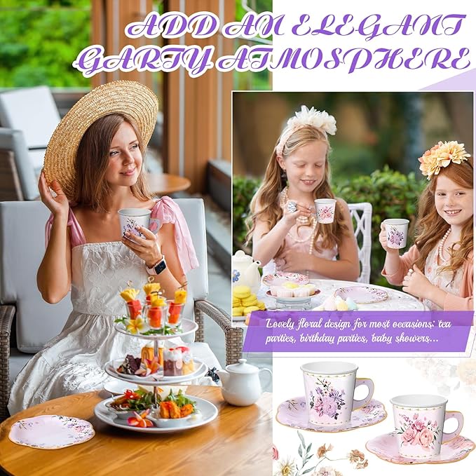 Umigy 60 Set Tea Party Supplies Disposable Floral Paper Tea Cups with Handle and Plates Elegant Blossom Teacups and Saucers Sets with Tape for Hot Cold Drink Party(9 oz)