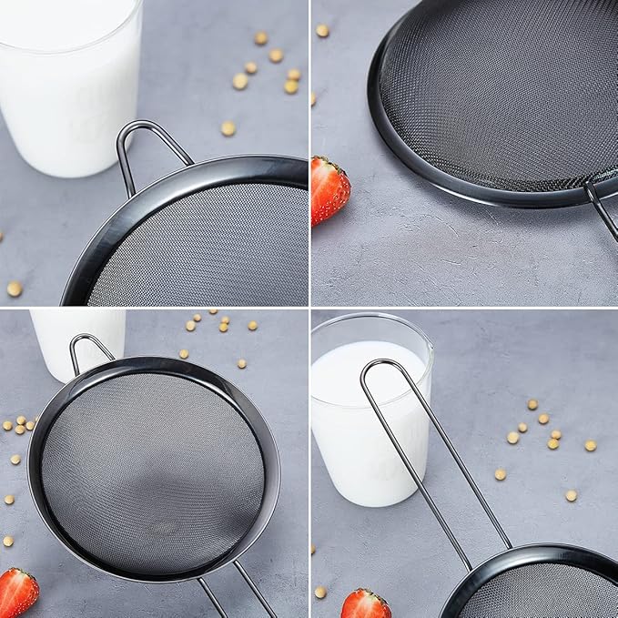 Black Fine Mesh Strainer 3 Pieces Set, Black Flour Sifter For Baking, Stainless Steel Clander, Matcha Tea Strainer, Gravy Separator, Stasher Sieve Pasta Strainers