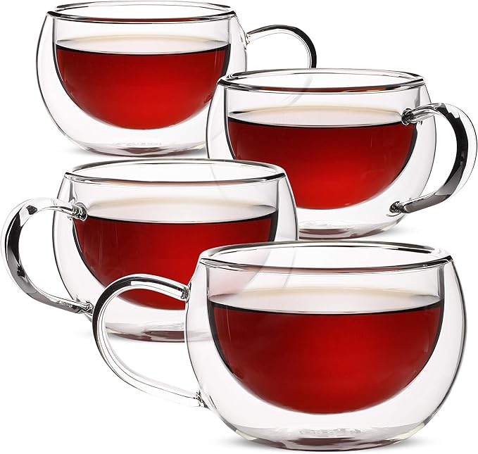 BTaT- Double Walled Glass Coffee Mugs, 9 oz, Set of 4, Glass Coffee Cups with Handle, Insulated Clear Coffee Mug for Hot and Cold Beverages, Cappuccino, Latte, Tea, Americano, Microwave Safe