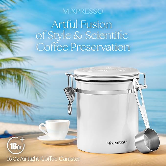 Mixpresso White 16 Oz Stainless Steel Coffee Canister with Scoop – Airtight Coffee Container with CO2 Valve for Bean Storage, Date Tracker Lid