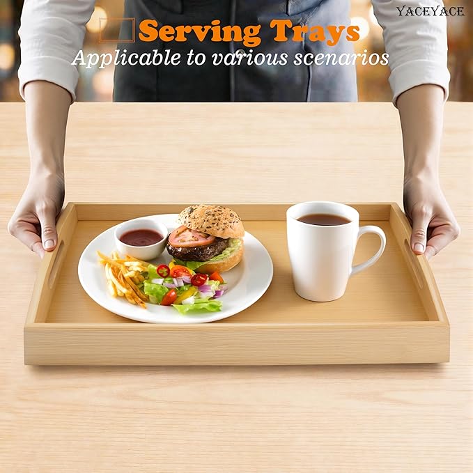 Serving Tray for Ottoman, 13.7"x8.6"x2" Small Bamboo Serving Tray with Handles, Trays for Ottoman, Coffe Table, Dining, Drink, Home Decor
