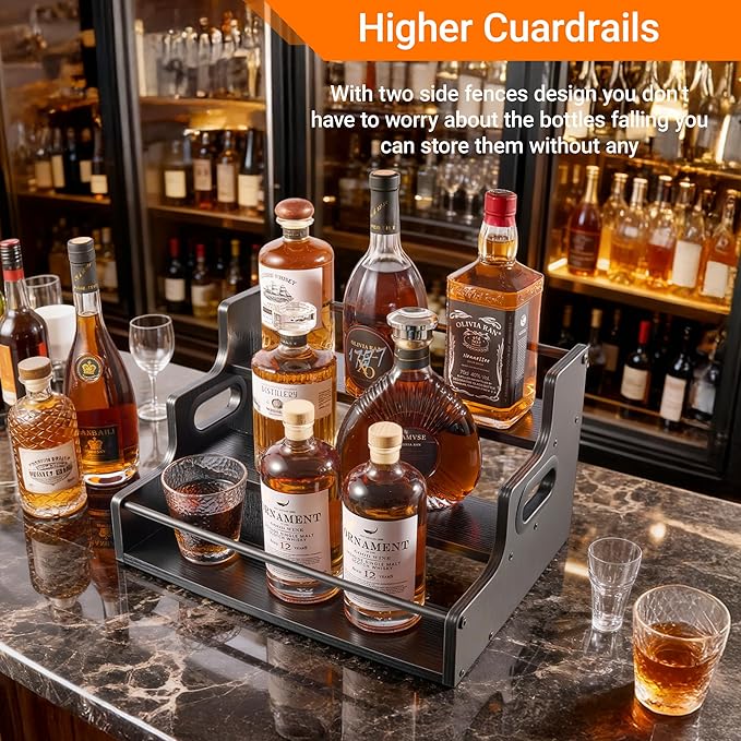 YQBRAO 3-Tier Liquor Bottle Display Shelf,Coffee Syrup Rack Organizer,Water Bottle Organizer, Mini Bar Cabinet, Rustic Bar Shelves for for Liquor Whiskey, Spirits(Black)