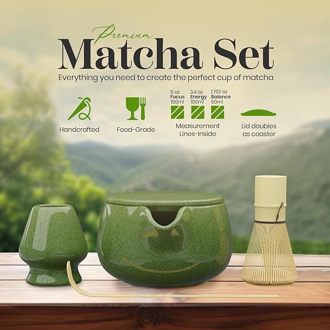 NEXTLUXE Matcha Whisk Set – Matcha Bowl and Whisk Traditional Bamboo Chasen with Ceramic Bowl, Matcha Sets, Matcha Whisk and Bowl, Matcha Sarter Kit - Measurement Lines, Spoon & Lid – Green