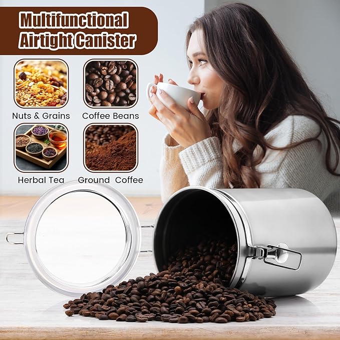 Suclain 2 Pack 64oz Stainless Steel Coffee Canister for Kitchen Airtight Coffee Bean Grounds Storage with 2 Measuring Spoons Large Metal Food Storage Canisters with Lid for Tea Cereal Sugar Flour