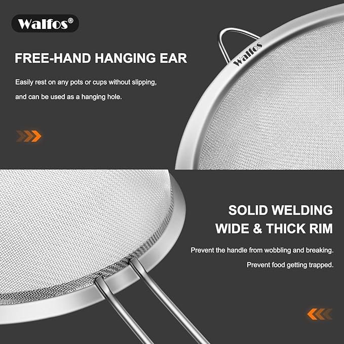 Walfos Fine Mesh Strainer 4PCS, Versatile Kitchen Strainer with Handle - 7", 4.6", 3.15", 2.7" Sieve Fine Mesh Stainless Steel, Metal Strainers and Sifters for Rice, Quinoa, Tea, Cocktail, Juice