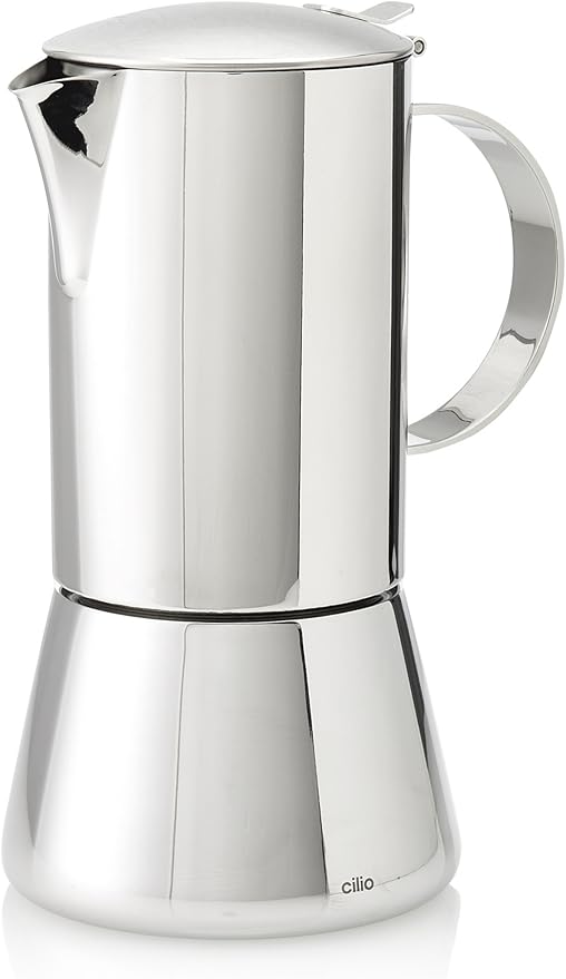 Cilio Stainless Steel Stovetop Espresso Maker - 10 Cup, Polished Stainless, Induction Ready - Moka Pot Coffee Maker for Gas - Electric & Induction Cooktops with Reusable Filter
